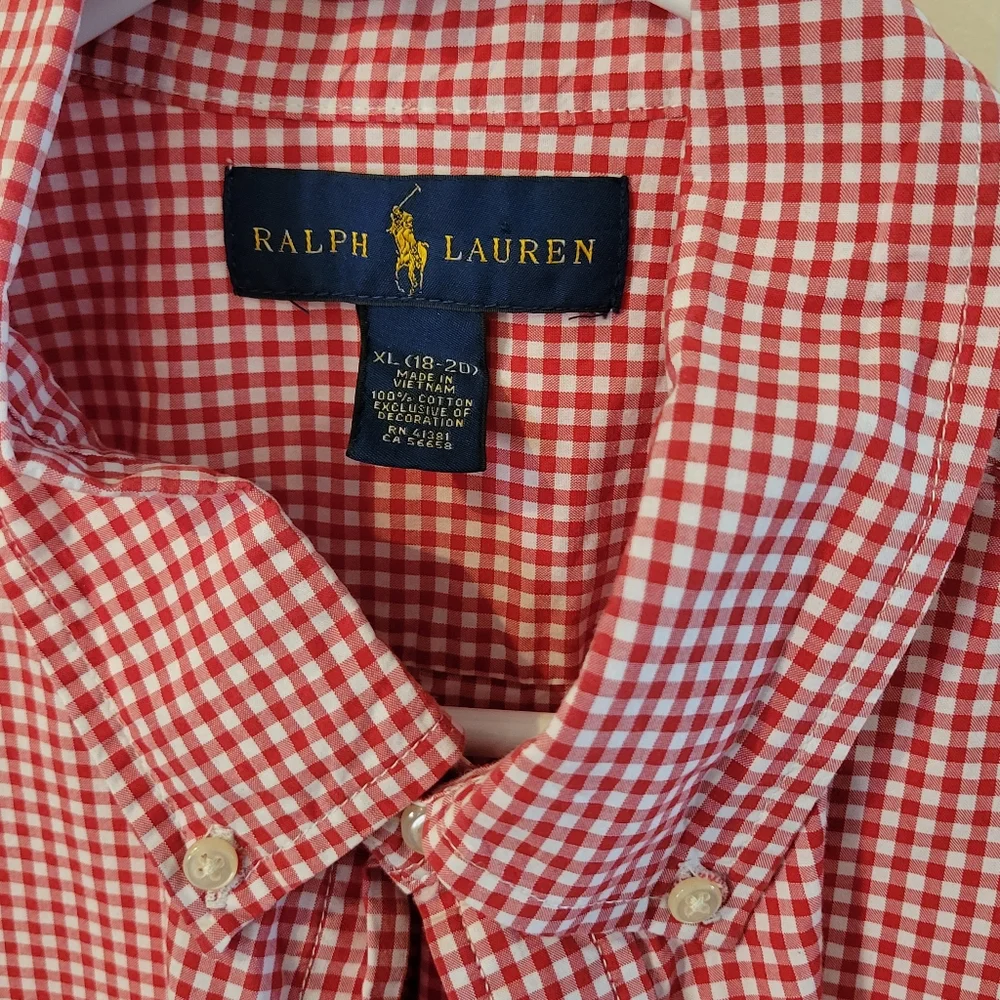 Ralph Lauren Youth XL Dress Shirt - Sz 18 - 20 Red And White Checked Shirt - Picture 2 of 4